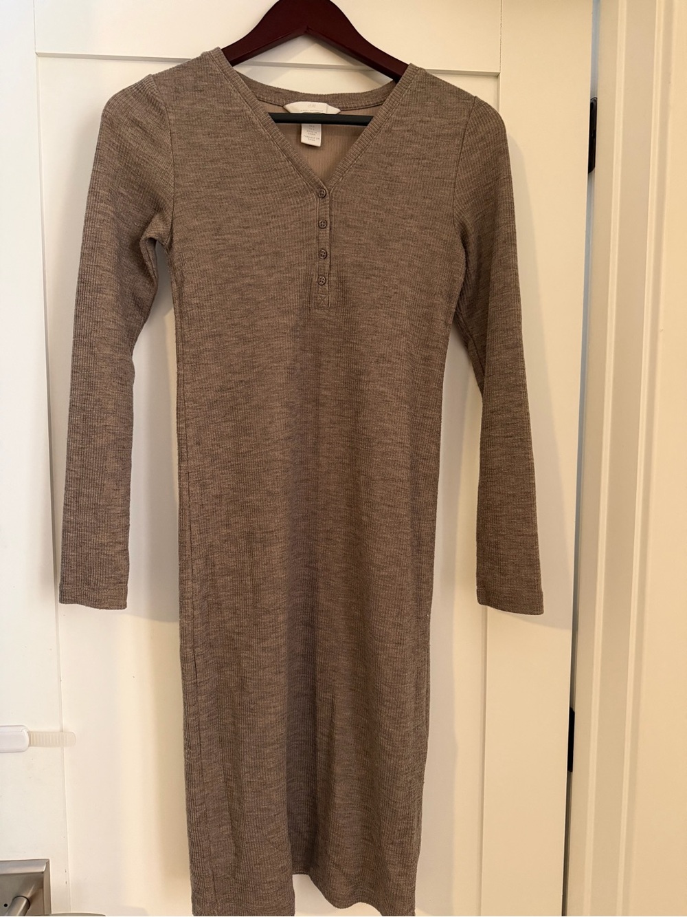 Ribbed Knit Long Sleeve Henley maternity Dress - Taupe